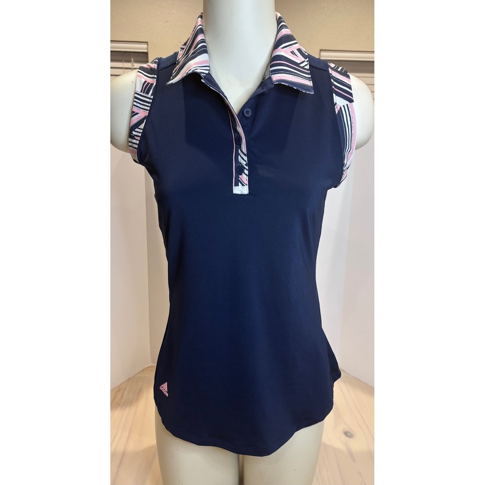 Adidas Womens Sleeveless Golf‎ Polo Navy Pink Geometric Striped XS DU7894 Preppy